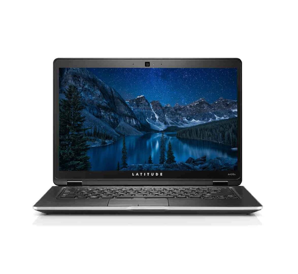 Open black Latitude laptop showing a starry-night mountain lake wallpaper on the screen.
