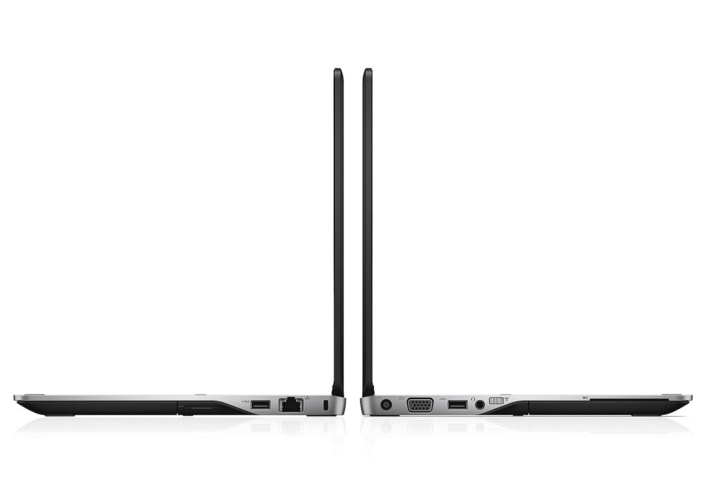 Dell Latitude 6430u_1706_04 - lab-kuzniewski.pl - Testy laptopów, recenzje i porównania Two slim laptops shown from the side, placed back-to-back, exposing edge ports on their bases as a product shot.