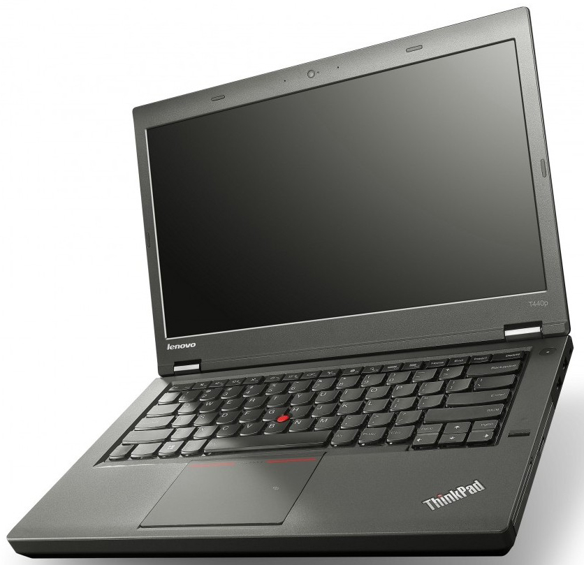 Open Lenovo ThinkPad laptop showing keyboard and dark screen, ThinkPad logo visible on palm rest, angled view around 45 degrees.