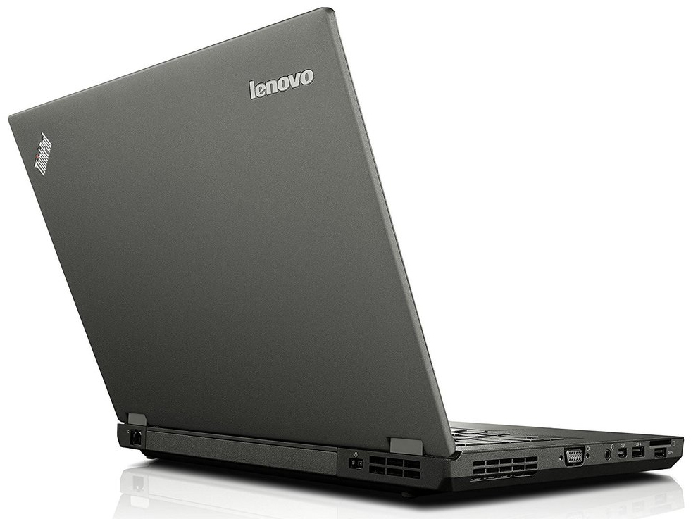 Side view of a black Lenovo laptop on a white background, ports visible along the right edge.