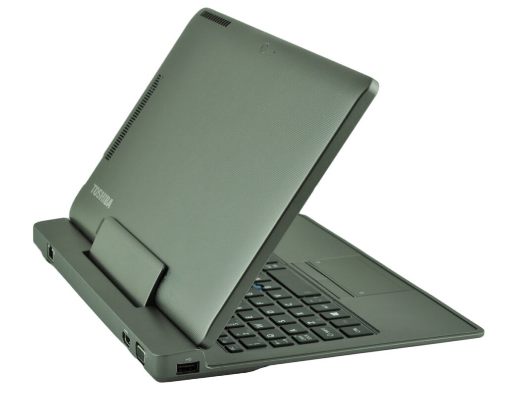 Toshiba laptop resting on a stand with the screen angled upward and keyboard visible from a side angle
