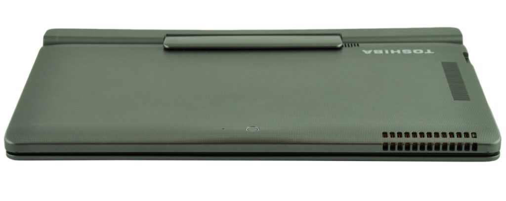 Closed green Toshiba laptop with a textured lid, visible right-edge ventilation grille, and a raised hinge area on the top side.