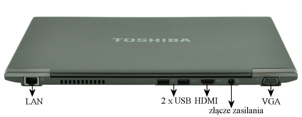 Closed Toshiba laptop showing its side ports: LAN, two USB, HDMI, power connector, and VGA