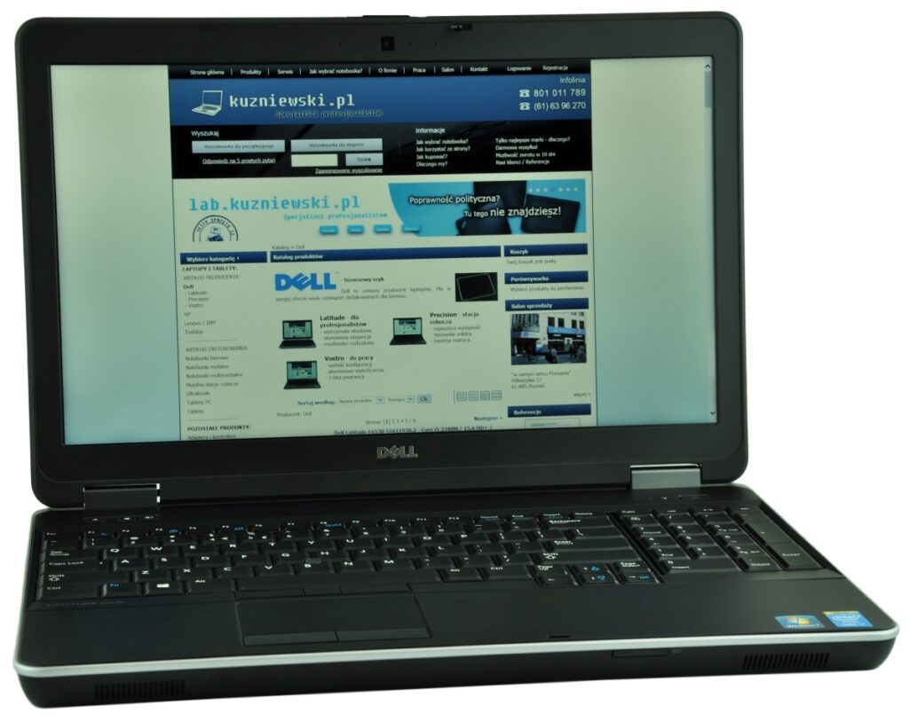 dell-latitude-e6540-5197_125178 - lab-kuzniewski.pl - Testy laptopów, recenzje i porównania Dell laptop showing a web page with a blue banner site kuzniewski.pl on the screen.