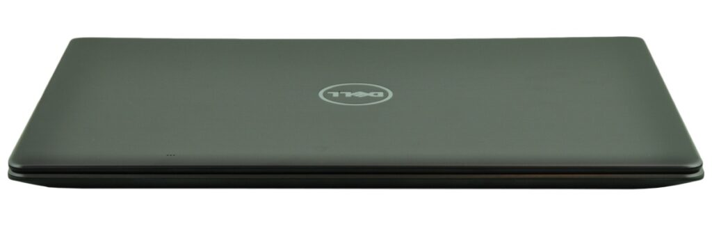 Closed Dell laptop viewed from above, dark gray metallic lid with centered Dell logo.