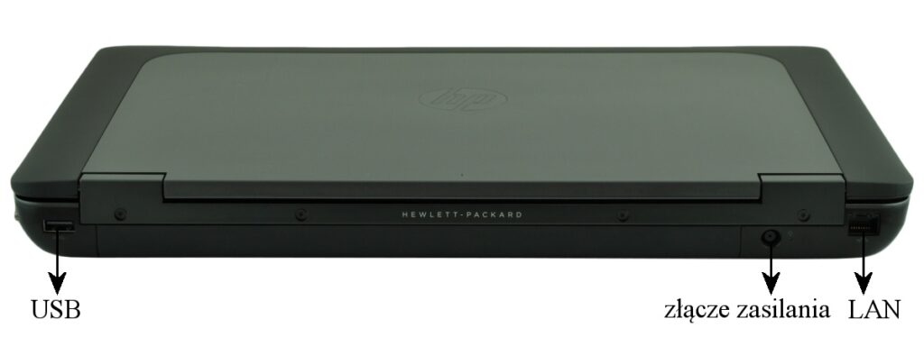 Closed HP laptop showing a USB port on the left and power input plus LAN port on the right.