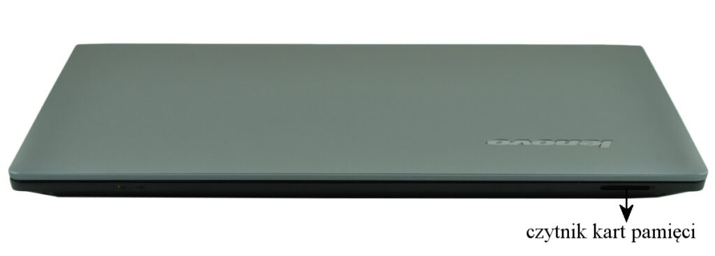 Closed silver Lenovo laptop viewed from the side, with the memory card reader slot on the right edge.