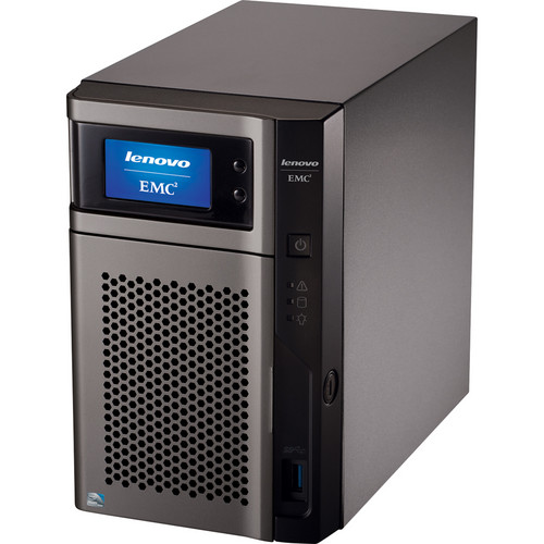Lenovo EMC2 desktop NAS server with a blue LCD screen on the front and perforated ventilation panel below.