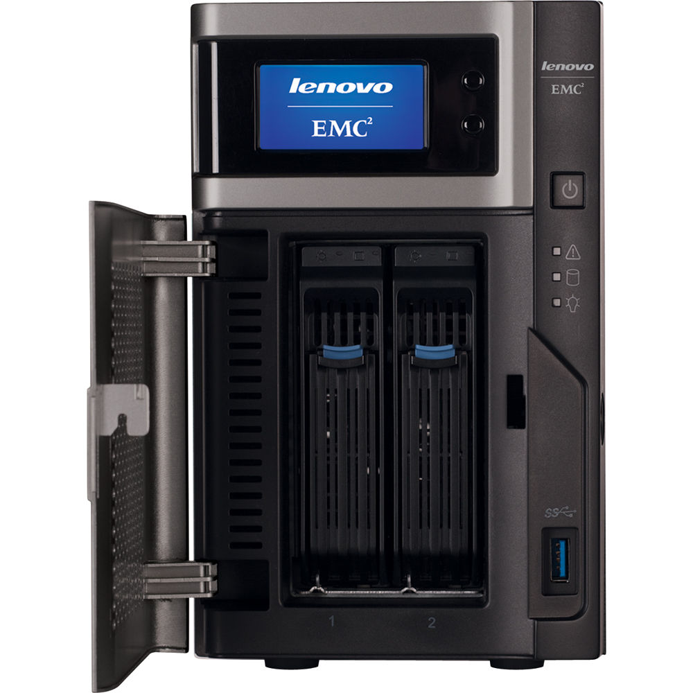 Lenovo EMC NAS with a blue display screen on top, front two hot-swappable drive bays visible, and a USB 3.0 port on the right-front.