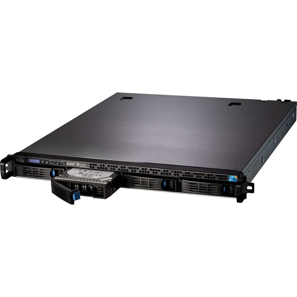 1U rack-mounted server with front hot-swappable drive bays and control panel (EMC branding). Title bar shows status indicators and drive bays.