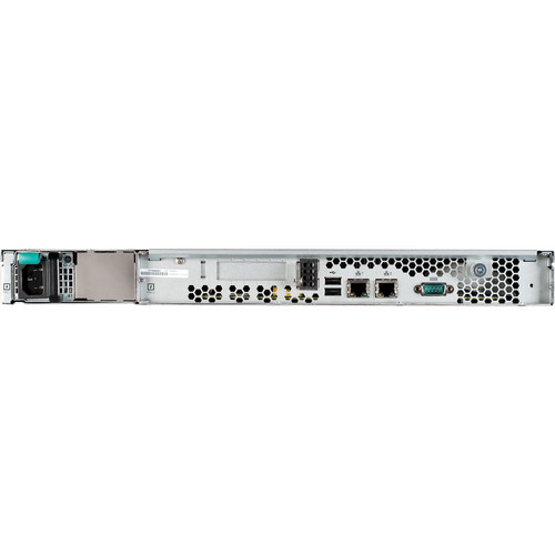 Rear view of a rack server showing power supply, ventilation, and multiple network ports and connectors.