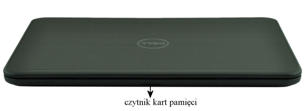 Closed black Dell laptop with the memory card reader slot on the front edge visible