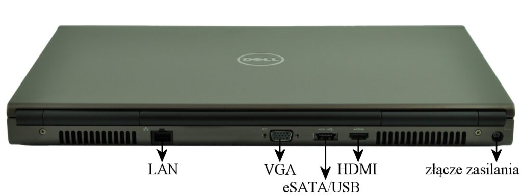 dell-precision-m4800-516_125174 - lab-kuzniewski.pl - Testy laptopów, recenzje i porównania Rear view of a closed Dell laptop with LAN, VGA, USB/eSATA, HDMI ports and power connector.