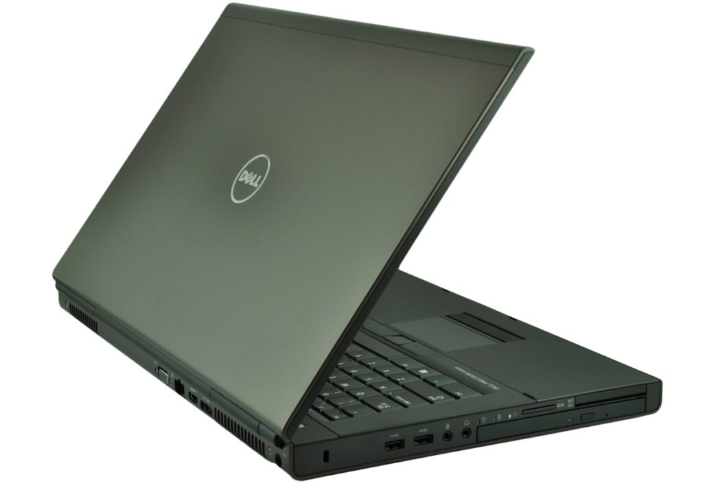 dell-precision-m6800-516_125149 - lab-kuzniewski.pl - Testy laptopów, recenzje i porównania Dell laptop open at a notebook angle, showing the Dell logo on the lid with keyboard and ports visible along the base edge