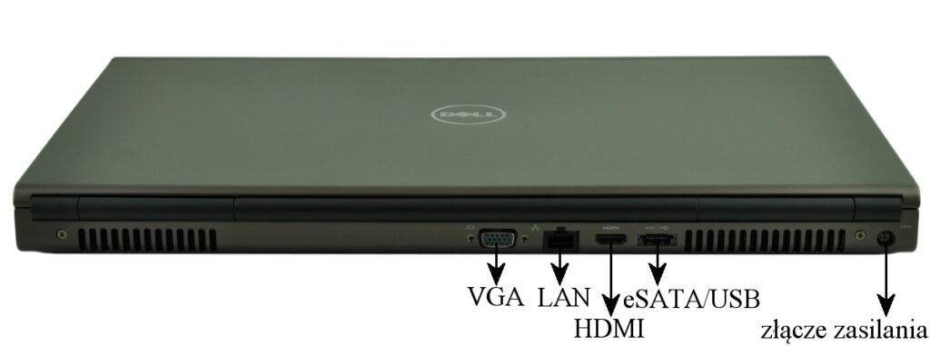 dell-precision-m6800-516_125159 - lab-kuzniewski.pl - Testy laptopów, recenzje i porównania Rear view of a Dell laptop showing ports: VGA, LAN, HDMI, eSATA/USB combo, USB/HDMI area, and power connector labeled złącze zasilania (from left to right)
