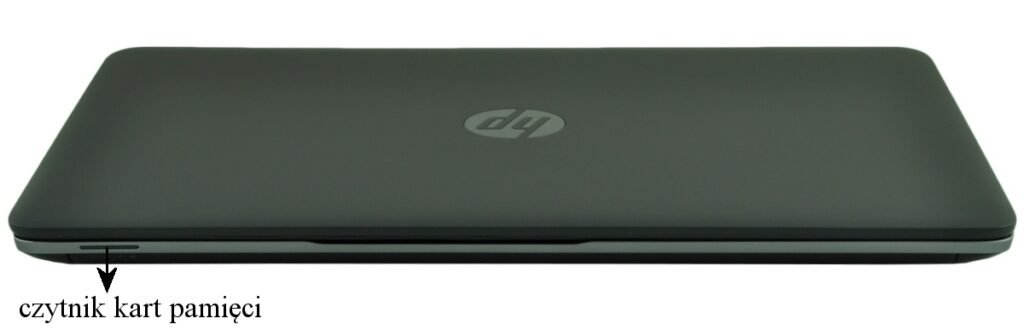 HP laptop seen from the side with a memory card reader slot on the left edge.