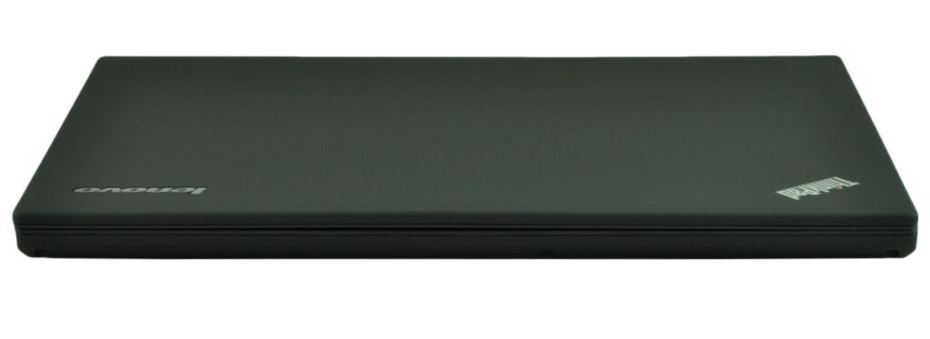Closed black laptop seen from the side, with ThinkPad/Lenovo branding visible on the lid.
