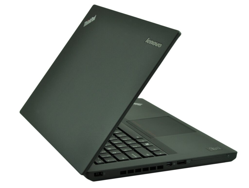 Black Lenovo ThinkPad laptop angled with lid partly open, keyboard visible and logo on the lid clearly shown.