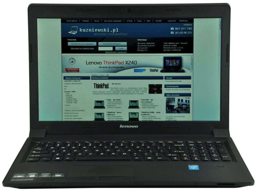 lenovo-b5400-59-399267-c_125504 - lab-kuzniewski.pl - Testy laptopów, recenzje i porównania Open black Lenovo ThinkPad laptop showing a website on its screen, with a Lenovo ThinkPad banner and navigation links visible.