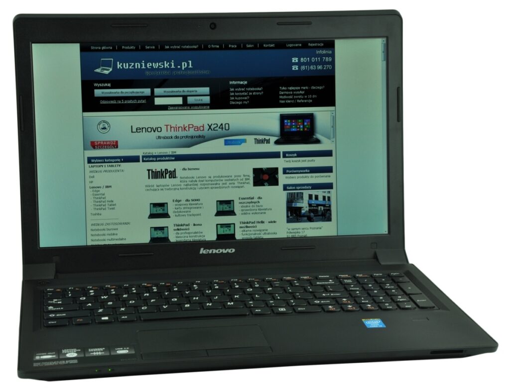 lenovo-b5400-59-399267-c_125506 - lab-kuzniewski.pl - Testy laptopów, recenzje i porównania Lenovo ThinkPad laptop open, displaying a Polish tech website kuzniewski.pl on screen
