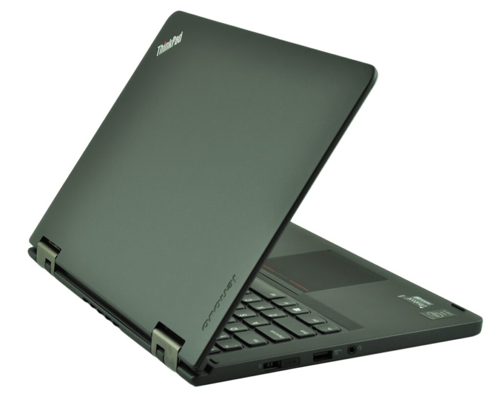 ThinkPad laptop opened and angled, showing the keyboard and touchpad with a gray matte finish and ThinkPad branding on the lid