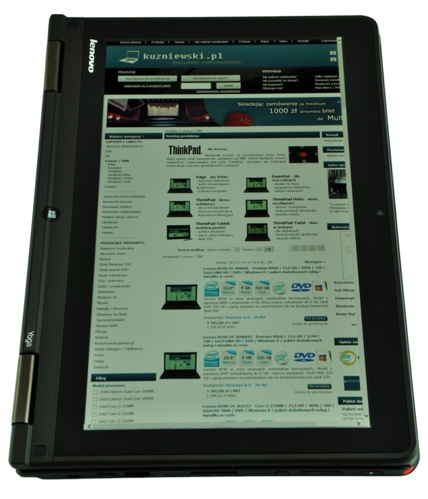 Lenovo tablet showing a Polish retailer website with ThinkPad product listings and images on the screen.