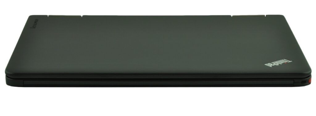 Closed black Lenovo ThinkPad laptop viewed from a low side angle on a white background, logo visible on the lid's corner.