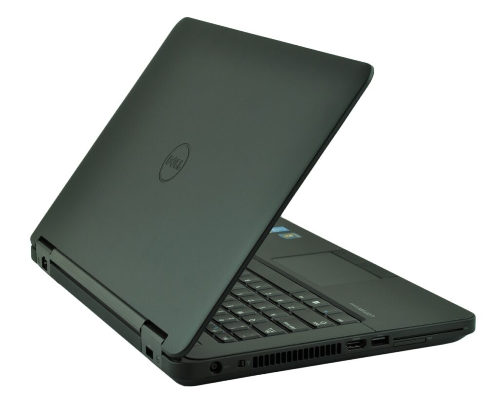 dell-latitude-e5440-5194_125286 - lab-kuzniewski.pl - Testy laptopów, recenzje i porównania Dark green Dell laptop opened partially, showing keyboard, touchpad, and side ports.