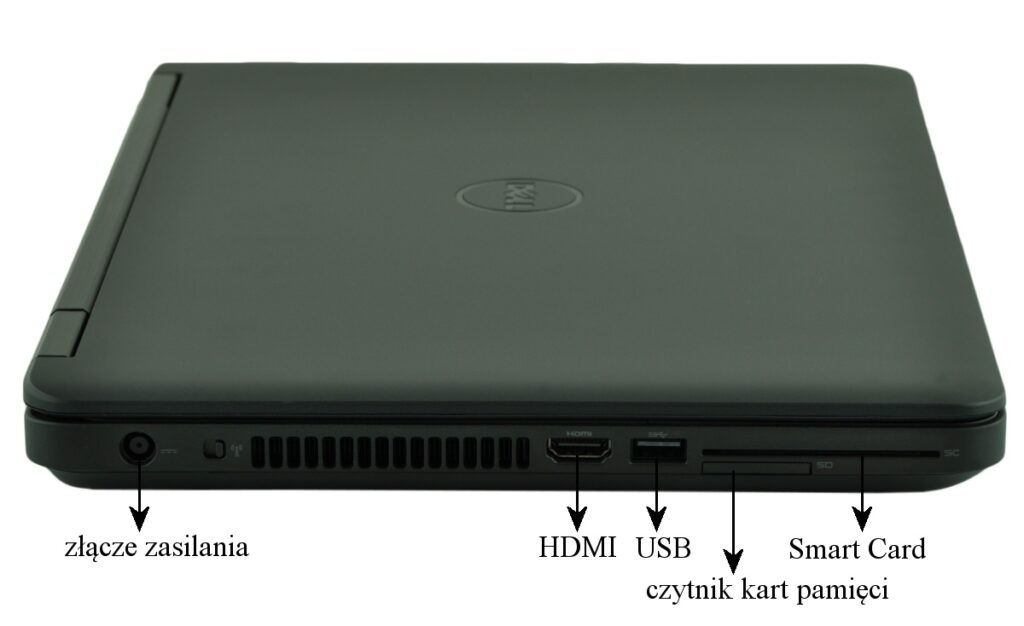 dell-latitude-e5440-5194_125295 - lab-kuzniewski.pl - Testy laptopów, recenzje i porównania Zbliżenie bocznego profilu laptopa z gniazdem zasilania, kratką wentylacyjną, portem HDMI, USB, czytnikiem kart pamięci i slotem kart inteligentnych (Smart Card).