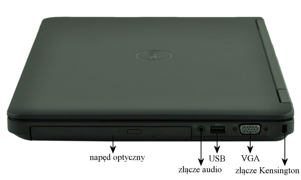 dell-latitude-e5440-5194_125297 - lab-kuzniewski.pl - Testy laptopów, recenzje i porównania Closed black laptop seen from the side with optical drive, USB, audio jack, VGA, and Kensington lock.