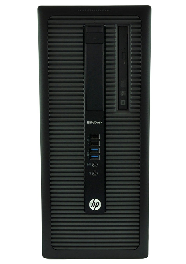 Front view of an HP EliteDesk desktop tower showing USB ports, audio jacks, power button, slim optical drive, and HP logo on a ribbed black chassis.