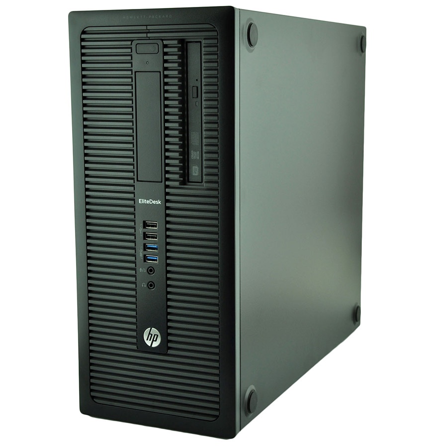 Front view of an HP EliteDesk desktop tower with a vertical optical drive bay, card reader slot, and USB ports on the front panel