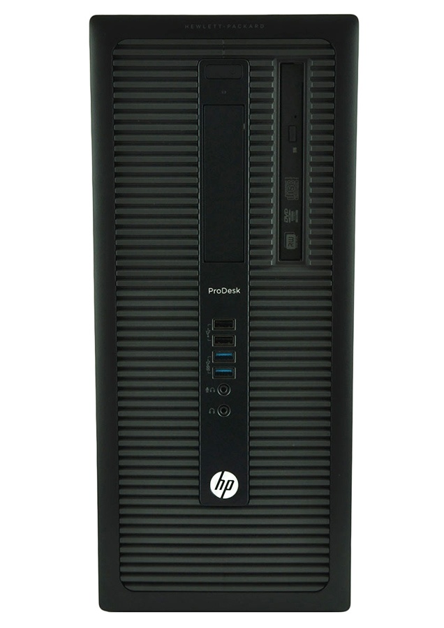 Front view of an HP ProDesk desktop tower with USB ports and card reader on the black ribbed chassis