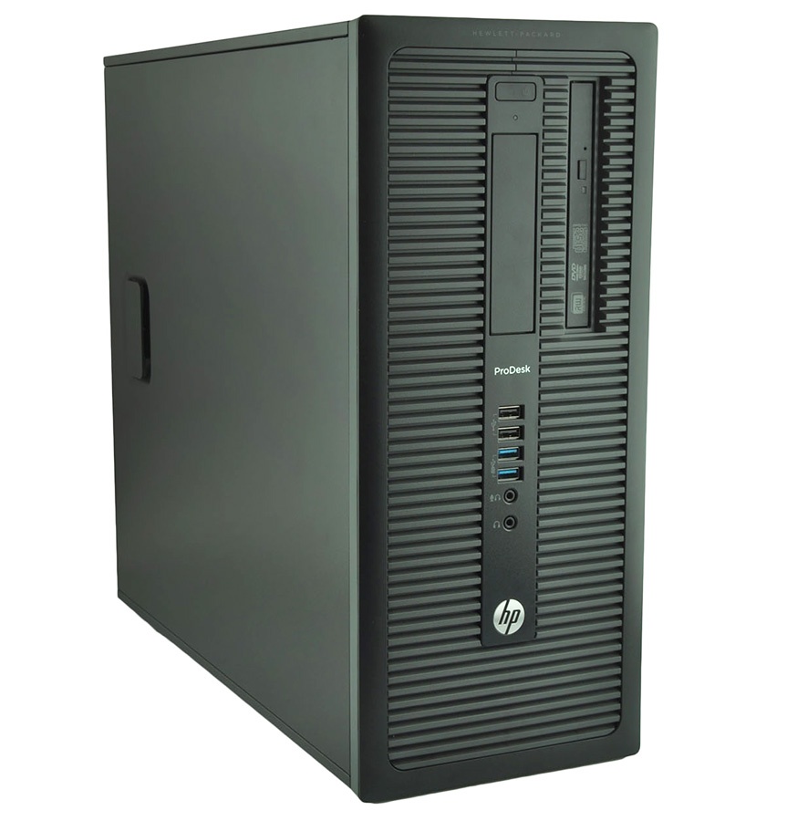 HP ProDesk desktop tower front view with USB ports and optical drive on the front panel