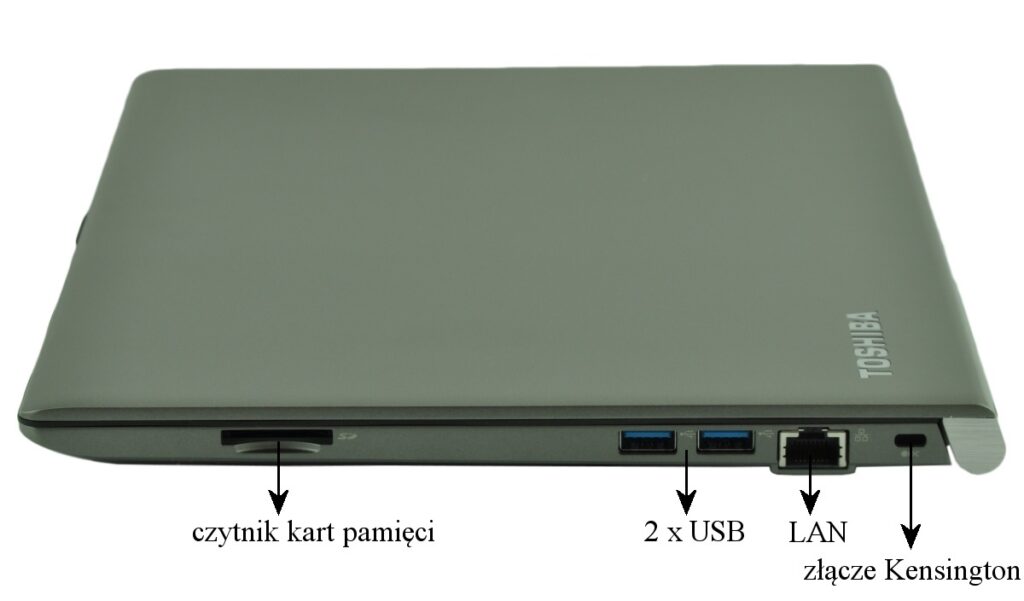 Gray Toshiba laptop shown from the side with exposed ports: SD card reader on the left, two USB ports in the middle, an Ethernet LAN port, and a Kensington lock on the right beneath the edge of the lid.