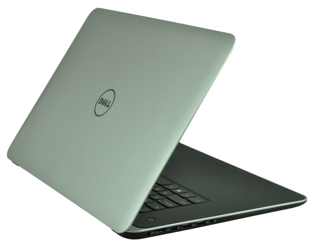 Open silver Dell laptop viewed from the side, with keyboard visible and screen angled away.