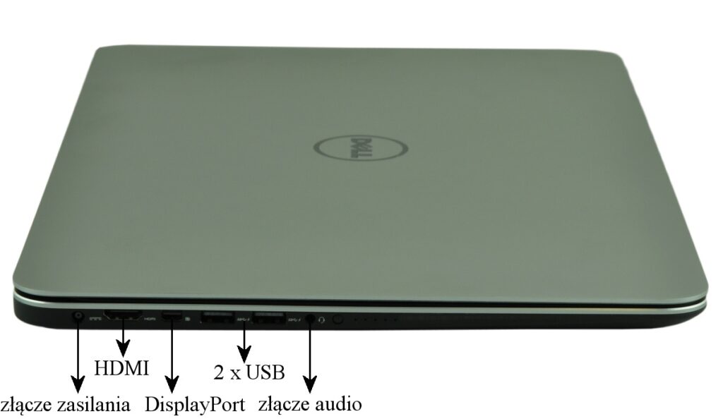 Left side of a closed Dell laptop showing power connector, HDMI, DisplayPort, two USB ports and audio jack