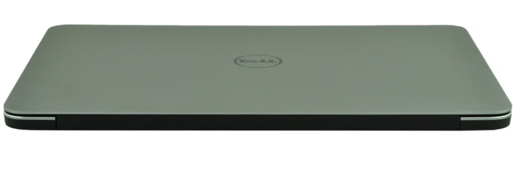Closed silver Dell laptop with a black base and centered Dell logo on the lid.