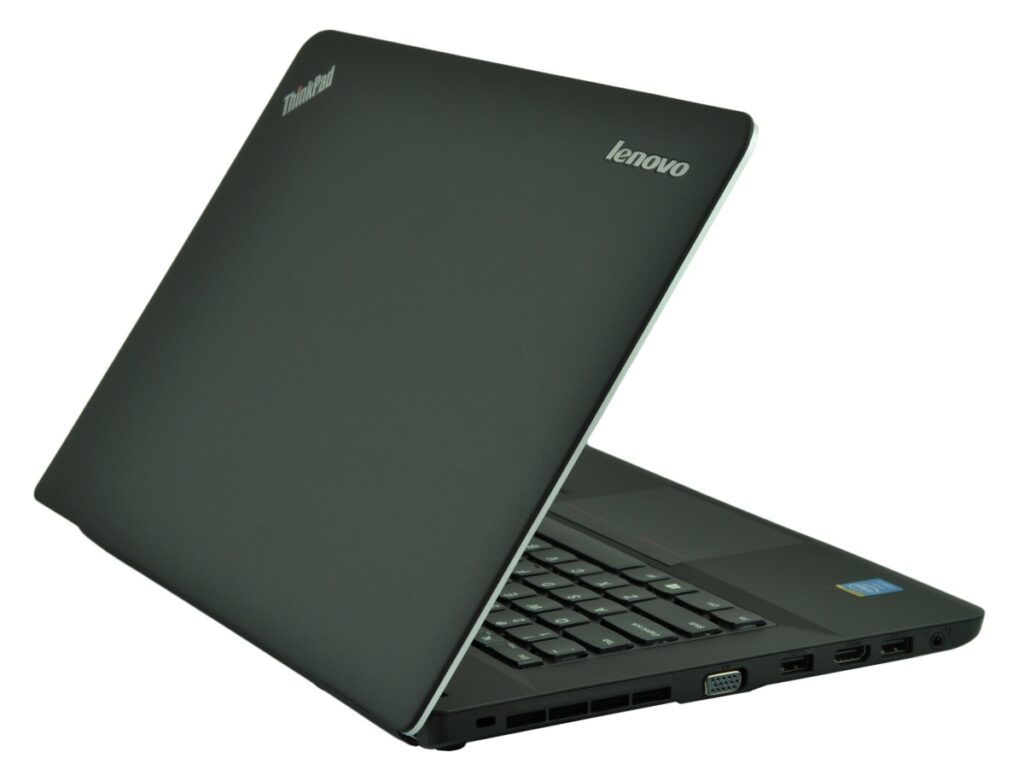 Black Lenovo ThinkPad laptop, partially open with keyboard visible and side ports along the base edge showing.
