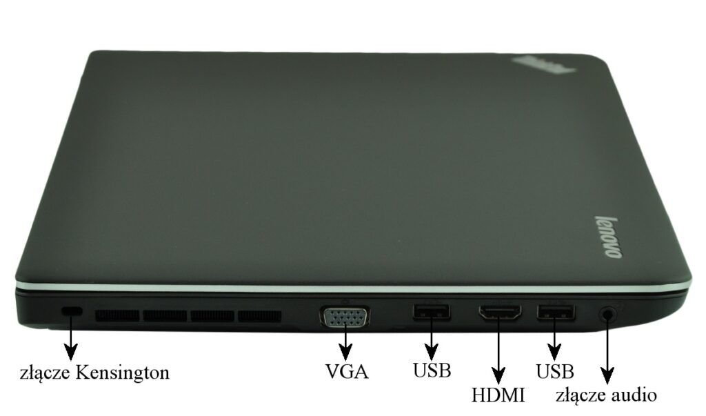 Laptop Lenovo z widocznymi portami: Kensington lock, VGA, USB, HDMI, USB i gniazdo audio (od lewej do prawej).