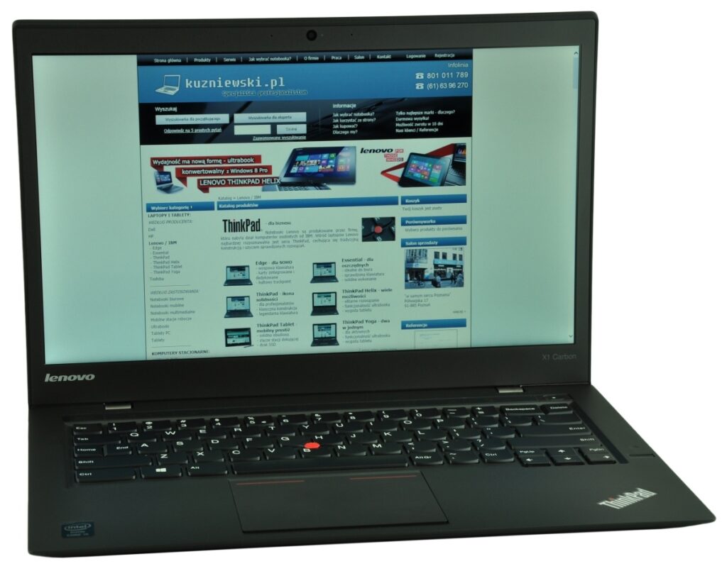 lenovo-thinkpad-new-x1-c_125569 - lab-kuzniewski.pl - Testy laptopów, recenzje i porównania Lenovo ThinkPad X1 Carbon laptop with a blue homepage displayed on the screen