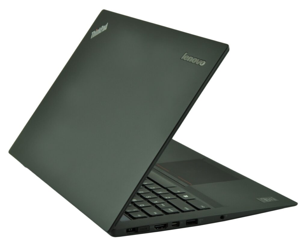 lenovo-thinkpad-new-x1-c_125570 - lab-kuzniewski.pl - Testy laptopów, recenzje i porównania Lenovo ThinkPad laptop partially open, dark gray chassis with visible keyboard and side ports.