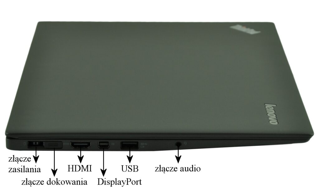 lenovo-thinkpad-new-x1-c_125579 - lab-kuzniewski.pl - Testy laptopów, recenzje i porównania Closed Lenovo laptop with left-side ports: power, docking, HDMI, DisplayPort, USB, and audio jack.