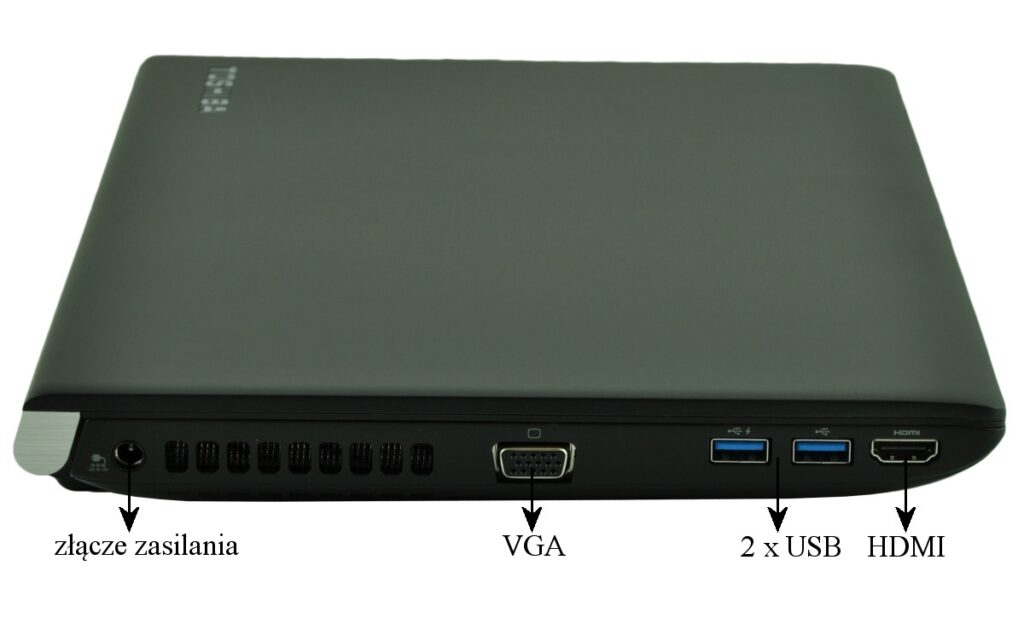 Closed laptop with power connector, VGA, two USB ports, and HDMI on the side/back edge