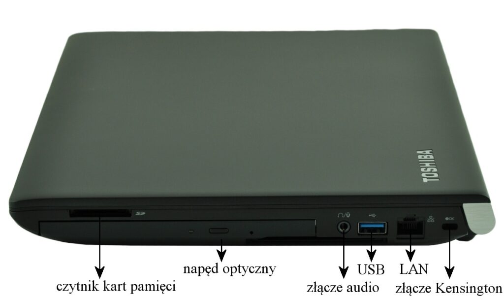 Toshiba laptop side view showing card reader, optical drive, audio jack, USB, Ethernet, and Kensington lock.