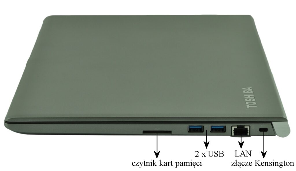 Side view of a Toshiba laptop showing the SD card reader, two USB ports, Ethernet LAN port, and Kensington lock slot.