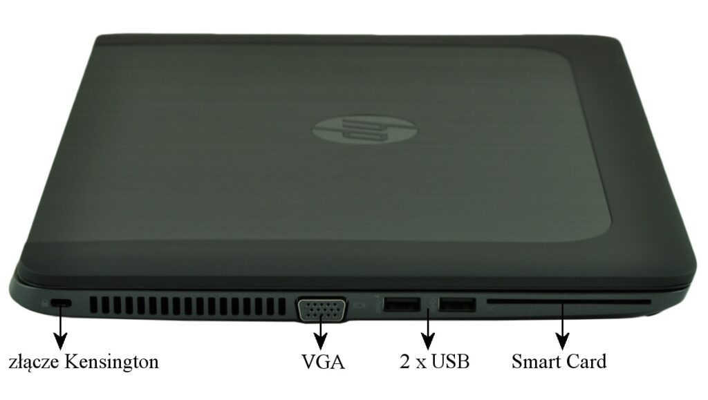 Closed black laptop showing side ports: Kensington lock, VGA, two USB ports, and Smart Card slot (labels indicate functions).