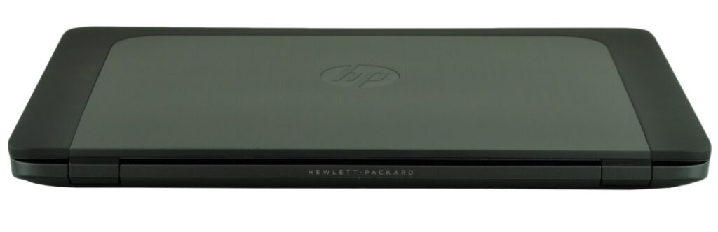 Closed dark gray HP laptop with the HP logo on the lid and 'HEWLETT-PACKARD' along the front edge.