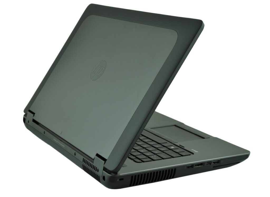hp-zbook-17-g1-f0v51ea-c_126982 - lab-kuzniewski.pl - Testy laptopów, recenzje i porównania HP convertible laptop open in tent mode, keyboard visible, muted gray finish on a white background
