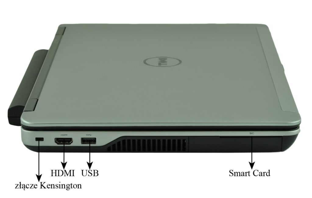 Closed silver Dell laptop viewed from the side showing Kensington lock slot, HDMI port, USB port, ventilation grille, and a smart card slot at the rear.